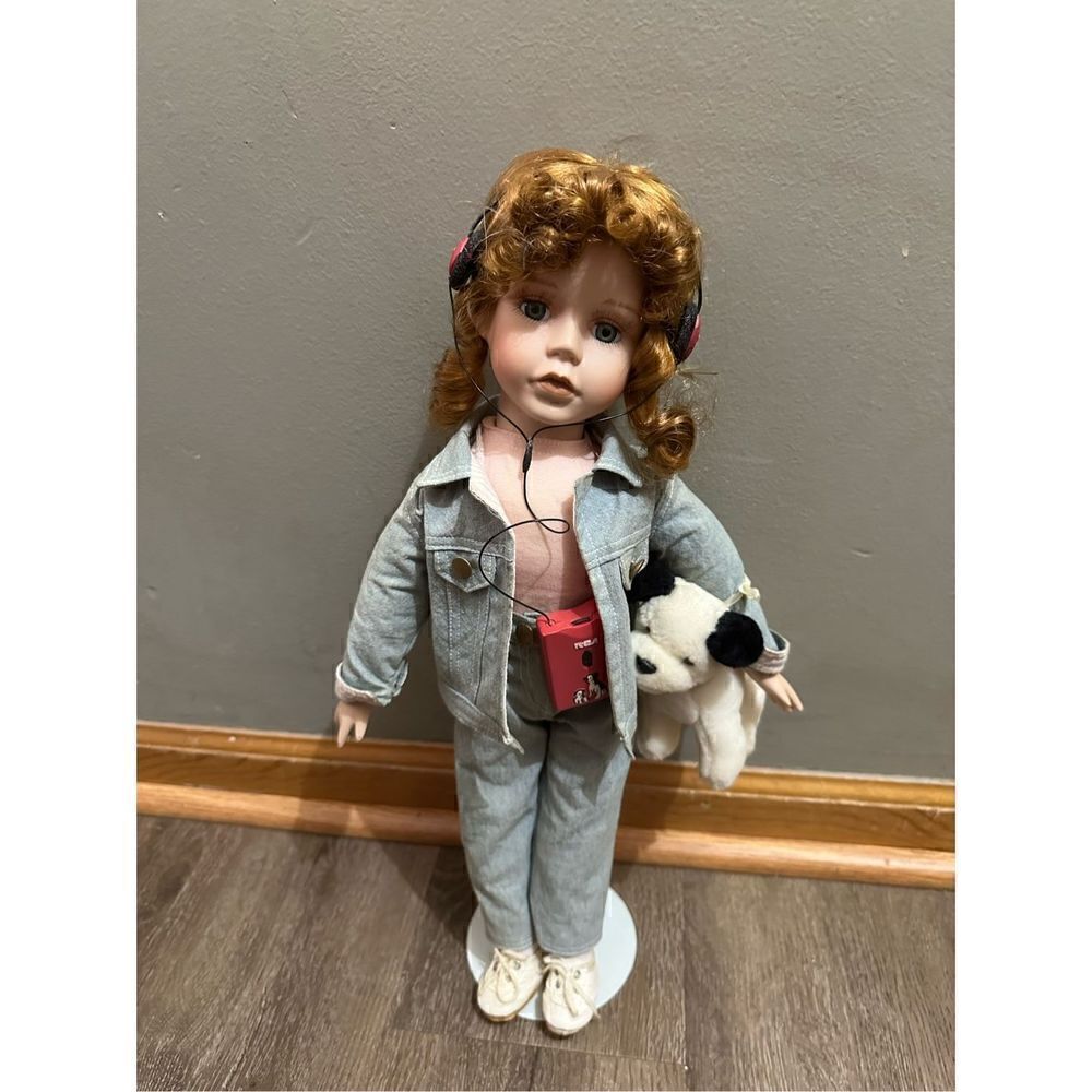 Vintage RCA Baby’s Dream Collection Porcelain Doll with Dog and Headphones 18”